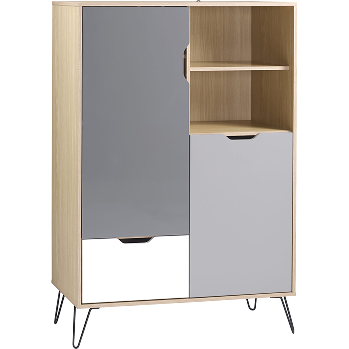 Bergen Tall Sideboard In Oak Effect With White & Grey - Click Image to Close